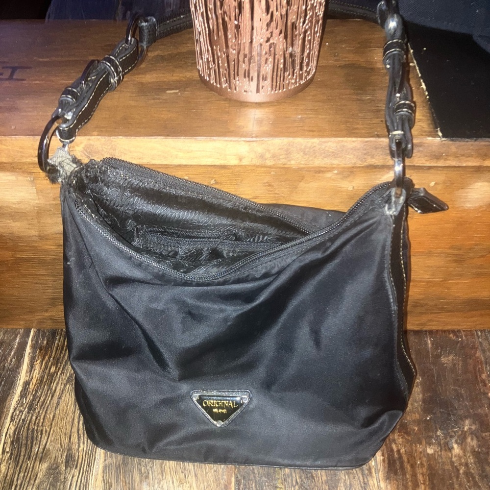Black designer ladies hand bag purse prada influenced studded bottom carry all